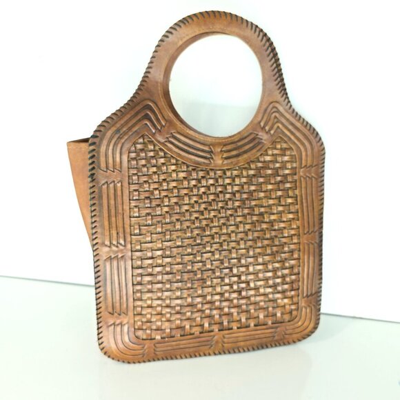 Vintage 70 Faux Tooled Leather Cognac Brown Boho Purse Handbag - Picture 4 of 7